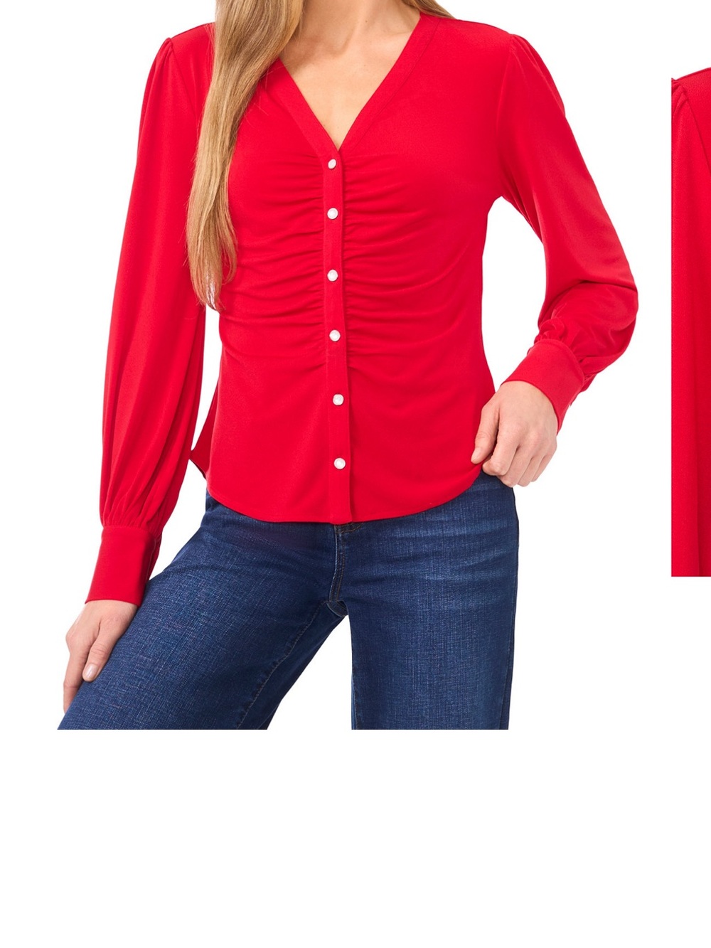 CeCe V-Neck Red Ruched Button-Front Blouse